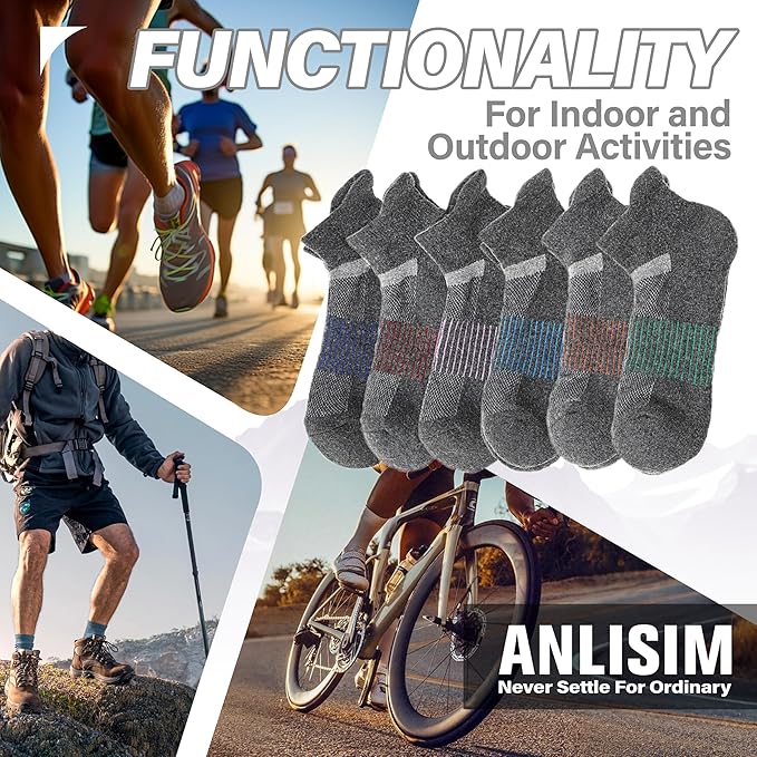 6 Pairs Merino Wool Ankle Running Hiking Socks Compression Support Breathable Thick Cushion No Show Socks for Women Men