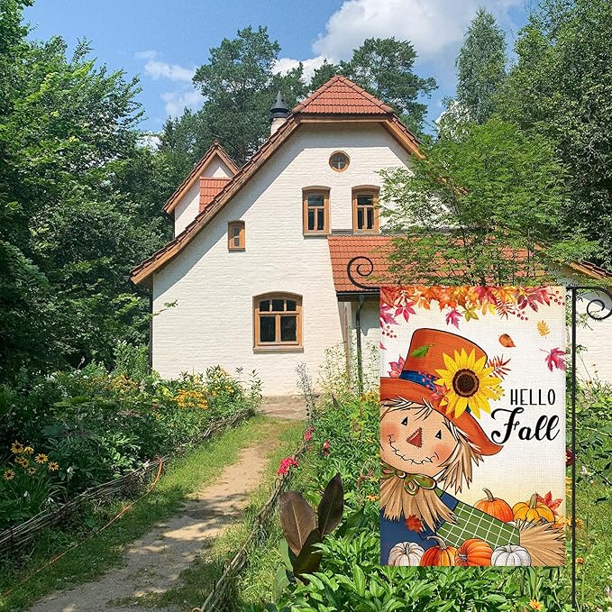 Fall Scarecrow Pumpkin Garden Flag 12x18 Inch Double Sided Burlap Autumn Thanksgiving Sunflower Flag for Outside Farmhouse Garden Yard Lawn Outdoor Decorative