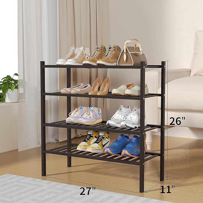 4 Tier Bamboo Shoe Rack for Closet Free Standing Wood Shoe Shelf for Entryway Small Space Stackable 27"x11"x26" (Brown)