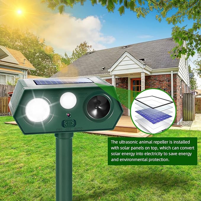 2025 Solar Ultrasonic Raccoon Squirrel Deer Repellent Rabbit Deterrent Animal Repeller Sonic Fortress Pro with Flash Light Motion Sensor to Keep Cat Dog Fox Skunk Out of Garden Yard(2Pack)
