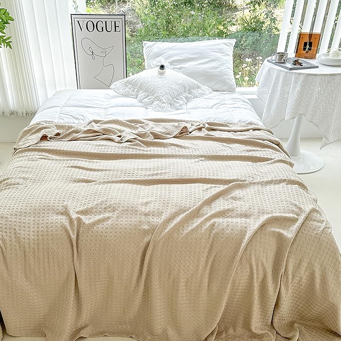 AmyHomie Cooling Blanket Queen Size, 100% Rayon Derived from Bamboo, Lightweight Cool Summer Blanket for Hot Sleepers Soft Comfy Waffle Blankets for All Seasons(90×90in,Khaki)