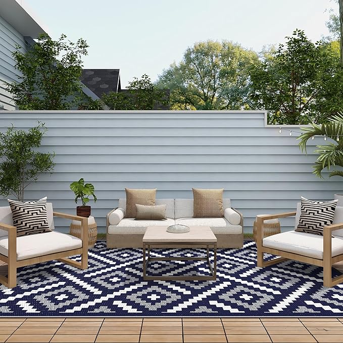 GENIMO Outdoor Rug for Patio Clearance, 6'x9' Waterproof Camping Mat, Reversible Plastic Straw Rugs for RV, Camper, Balcony, Backyard, Picnic, Deck (Mix Navy Blue White)