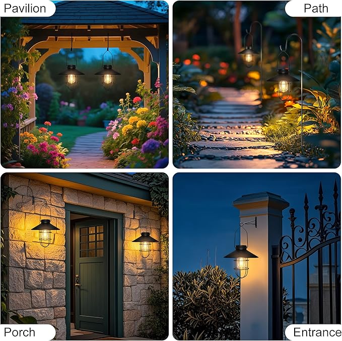 pearlstar Solar Lantern Outdoor Hanging Light- Waterproof Vintage Metal Solar Lantern Light with Warm White Edison Bulb Decorative for Patio, Backyard, Porch, Yard
