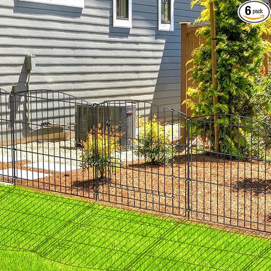 INJOPEXI Decorative Garden Fence 6 Panels 11.8ft (L)×24in (H) with 5 Panels 1 Gate Rustproof Wire No Dig Animal Barrier Fencing for Outdoor Backyard Black