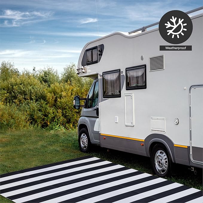 FH Home Outdoor Rug - Waterproof, Fade Resistant, Reversible - Premium Recycled Plastic - Striped - Large Patio, Deck, Sunroom, Camping, RV - Brittany Stripe - Black & White Crease Free - 6 x 9 ft