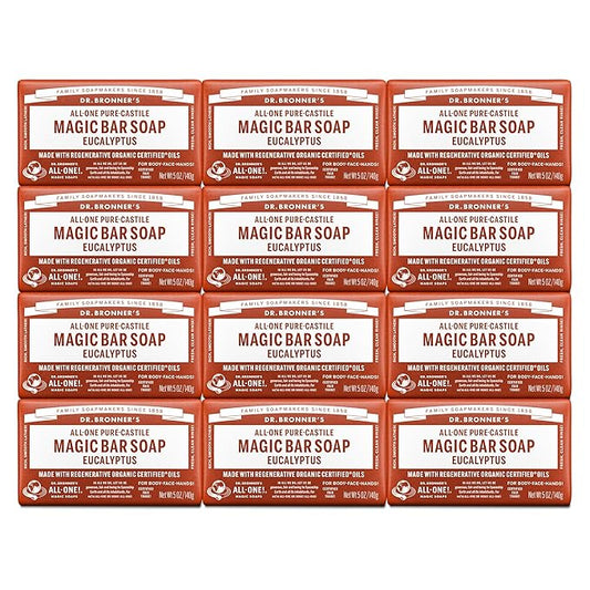 Dr. Bronner's Pure-Castile Magic Bar Soaps (Eucalyptus, 5oz, 12-Pack) – Made with RegeOrganic Oils, Soap Bars for Men & Women, Gentle for Face & Sensitive Skin, Vegan, Cruelty-Free, Non-GMO