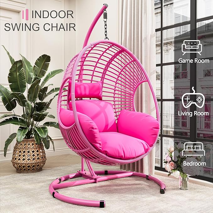 Oversized Hanging Egg Chair Outdoor Indoor, Wicker Swing Egg Chair with Stand 400lbs Capacity for Bedroom, Patio, Garden and Balcony (Pink-Regular, Oversize)