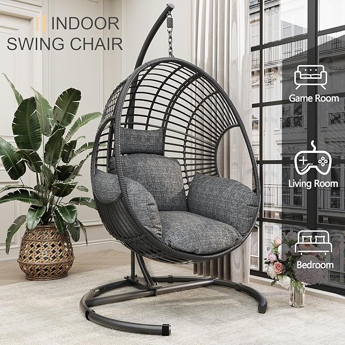 Oversized Hanging Egg Chair Outdoor Indoor, Wicker Swing Egg Chair with Stand 400lbs Capacity for Bedroom, Patio, Garden and Balcony (Black-Regular, Oversize)