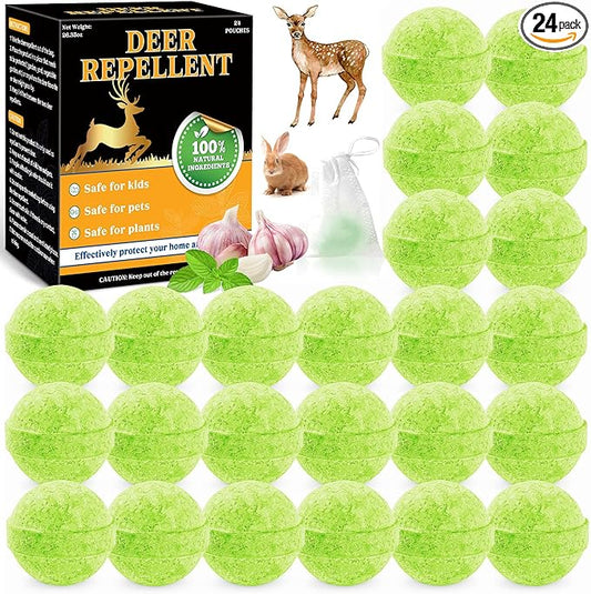 24 Pack Deer Rabbit Repellent Outdoor - Powerful Peppermint Oil Deer Repellent Balls, Natural Bunny Deer Deterrent for Trees Plants Garden Lawn Yard, Deer Repellant Keep from Eating Flowers, Pet Safe