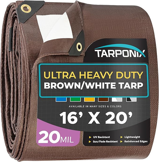 16' x 20' Ultra Heavy Duty Tarp – 20 Mil Brown/White Waterproof Outdoor Cover, UV Protection, Reinforced Corners, Ideal for Camping, Tent, and Outdoor Use