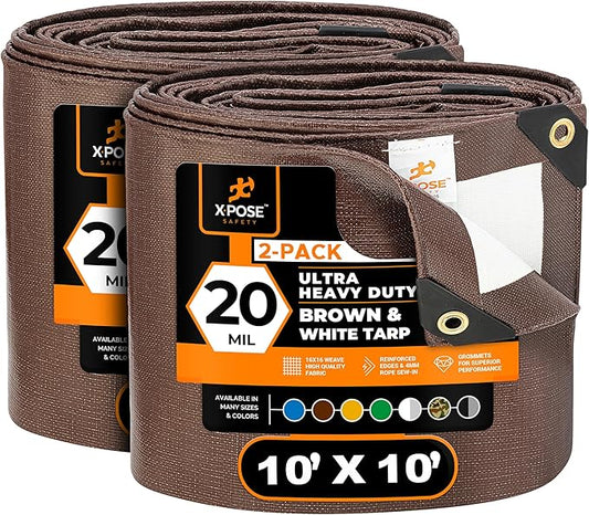 Xpose Safety 10' x 10' Ultra Heavy Duty Tarp (2-Pack) - 20 Mil Waterproof Tarps for Camping, Outdoor Adventures & Tent Cover, UV Protection, Reinforced Corners, All-Weather Durability