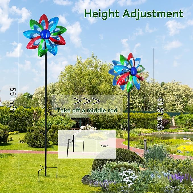 Garden Wind Spinners, Dual-Sided Colorful Metal Windmill 13" Dia*55" Height Wind Sculptures & Spinners, Vibrant Outdoor Kinetic Art for Yard, Garden, Driveway Decor