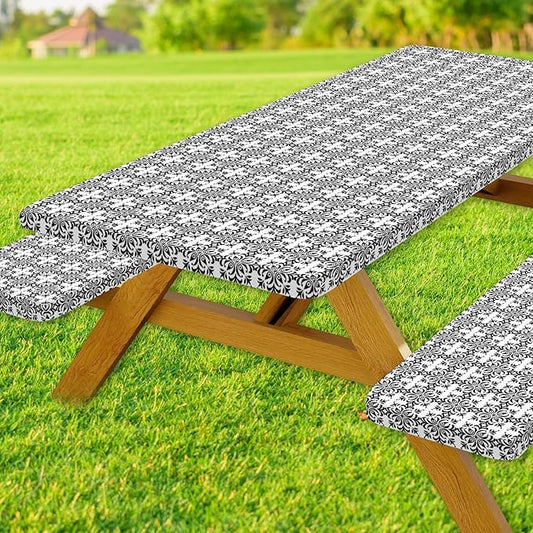 DYNH 3 Pcs Picnic Table Cover with Bench Covers, 6ft Elegant Patterns Waterproof Reusable Elastic Fitted Rectangle Picnic Table Cloths,30x72IN Picnic Tablecloth for Camping Patio Travel Outdoor