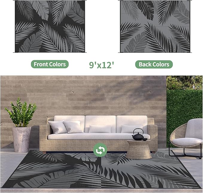 GENIMO Outdoor Rug 9' x 12' Waterproof for Patios Clearance, Reversible Outdoor Plastic Straw Camping Rug Carpet, Large Area Rugs Mats for RV, Camper, Deck, Balcony, Porch, Beach, Picnic, Black&Grey
