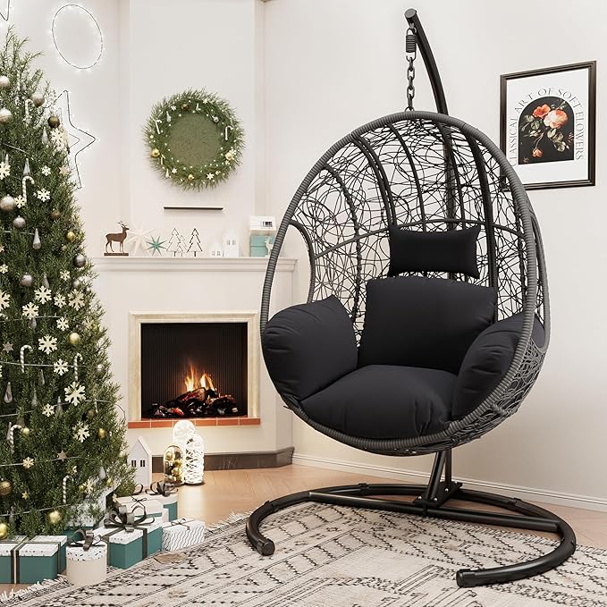 Hanging Egg Chair with Stand - Egg Swing Chair Outdoor Indoor Patio Wicker Chair Swing Hammock Egg Chairs 400lbs Capacity for Outside Patio, Bedroom, Garden and Balcony (Grey-nest, 2P)