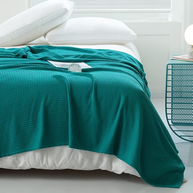 AmyHomie Cooling Blanket Queen Size, 100% Rayon Derived from Bamboo, Cool Summer Blanket for Hot Sleepers Soft Comfy Waffle Lightweight Blankets for All Seasons(Teal, 90×90in)