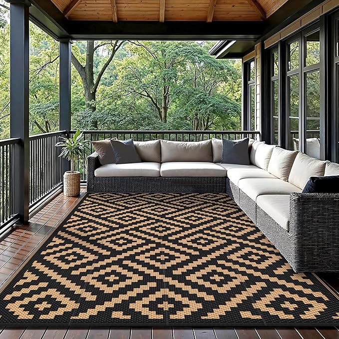 GENIMO Outdoor Rug for Patio Clearance,9'x12' Waterproof Large Mat,Reversible Plastic Camping Rugs,Rv,Porch,Deck,Camper,Balcony,Backyard (Black & Brown)