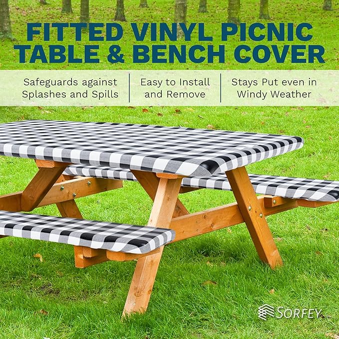Sorfey Picnic Table Cover with Bench Covers -Fitted with Elastic, Vinyl with Flannel Back, Fits for Table 30"x 72" Rectangle,Water Proof, Solid Green Design