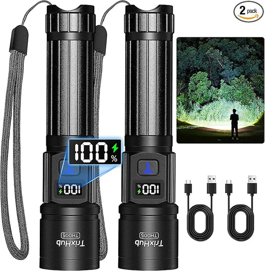 Rechargeable Flashlights 2 Pack, Super Bright High Lumens Flash Light, 5 Modes Zoomable Linternas with LCD Digital Display, Powerful Handheld LED Flashlights for Emergencies Camping