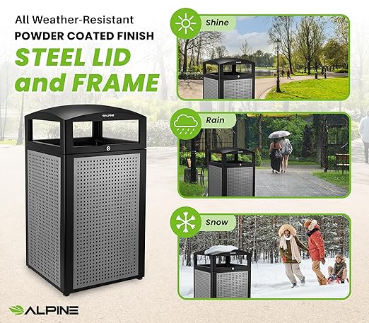 Alpine Outdoor Commercial Trash Can with Lid - 40 Gallon Heavy Duty Metal Garbage Can with Removable Bin, Locking Lid for a Modern Look in Parks, Malls, Parkings & High Traffic Areas (Black & Grey)
