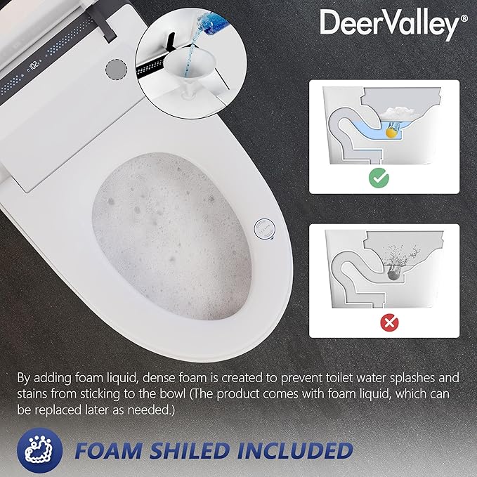 DeerValley Smart Toilet, Smart Bidet Toilet 1.28 GPF Dual Flush, Auto Open/Close Lid, ADA Chair Height and Cleaning Foam Dispenser, Heated Seat, Dryer, Night Light, Deodorization, LED Display