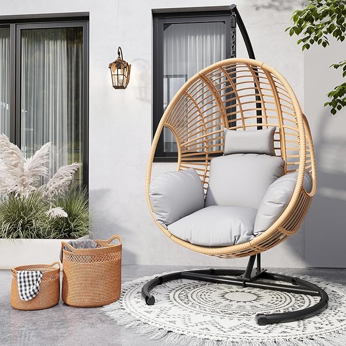 Oversized Hanging Egg Chair Outdoor Indoor, Wicker Swing Egg Chair with Stand 400lbs Capacity for Bedroom, Patio, Garden and Balcony (Beige-Regular, Oversize)
