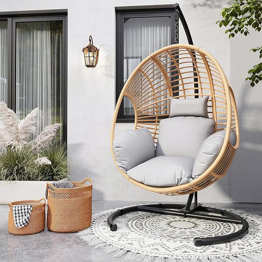 Oversized Hanging Egg Chair Set of 2 Outdoor Indoor, Wicker Swing Egg Chair with Stand 400lbs Capacity for Bedroom, Patio, Garden and Balcony
