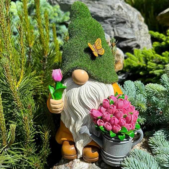 Mood Lab Garden Gnome - Solar Gnome Figurine with Tulips - 9.45 Inch Tall Flower Decor Outdoor Lawn Statue with LED Lights in Tulips