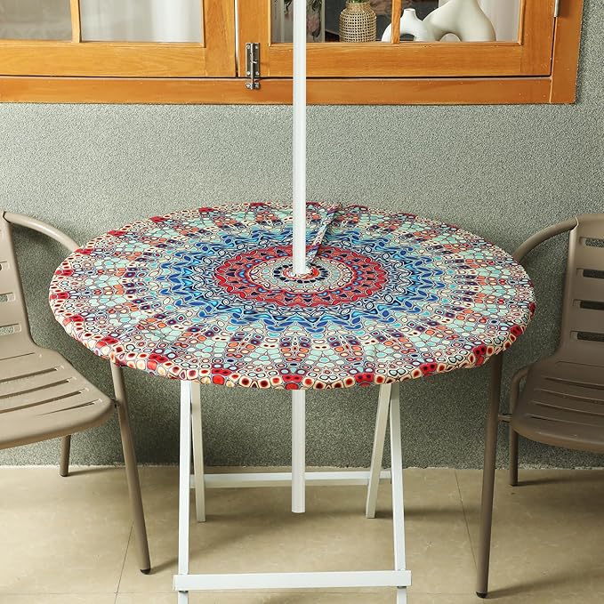 2 Pcs Round Outdoor Tablecloth with Umbrella Hole - Anti-Wrinkle Polyester Tablecloth with Elastic Zipper Table Cover for Summer Patio Camping Party(45''-53'',Mandala)