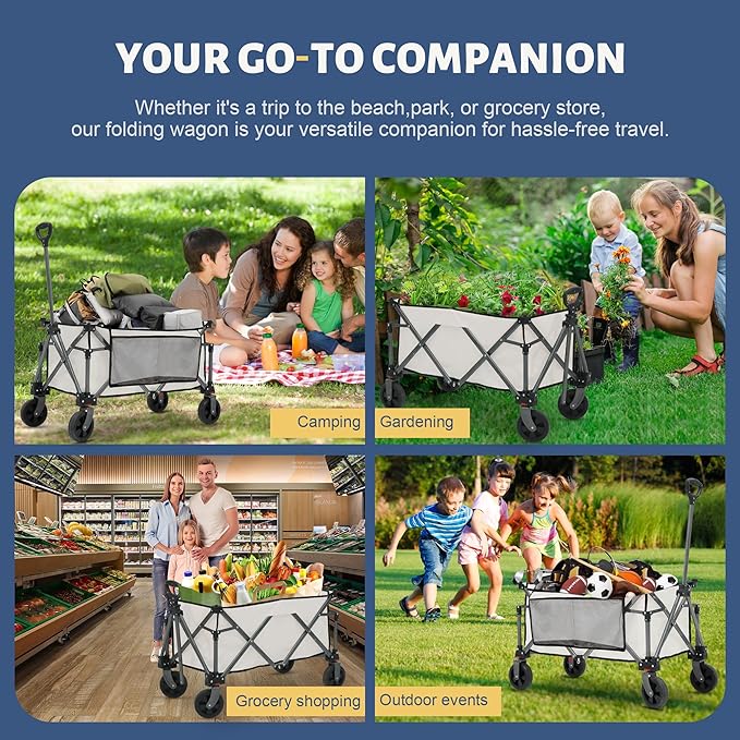 Collapsible Folding Wagon Cart, 220LBS Heavy Duty Foldable Utility Garden Cart with All Terrain Wheels & Side Storage Bag, Portable Sports Wagon for Camping, Shopping, Garden