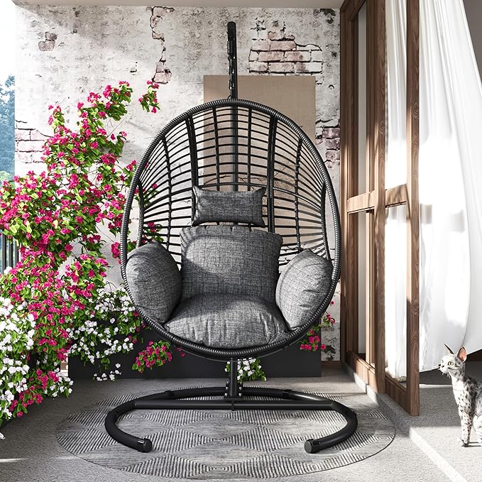 Hanging Egg Chair with Stand - Egg Swing Chair Outdoor Indoor Patio Wicker Chair Swing Hammock Egg Chairs 400lbs Capacity for Outside Patio, Bedroom, Garden and Balcony（Black, 1PC）