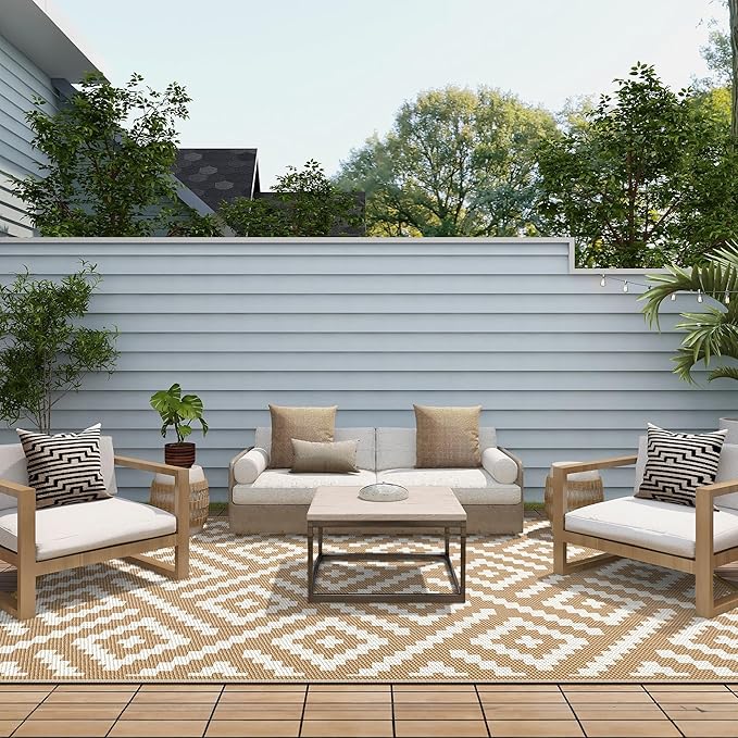 GENIMO Outdoor Rug for Patio Clearance, 6'x9' Waterproof Camping Mat, Reversible Plastic Straw Rugs for RV, Camper, Balcony, Backyard, Picnic, Deck (Brown & White)