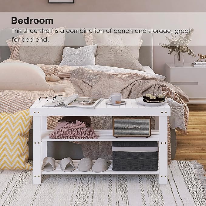 SMIBUY Bamboo Shoe Rack Bench, 3-Tier Shoe Organizer Storage Shelf for Entryway Hallway Bathroom Living Room (White)