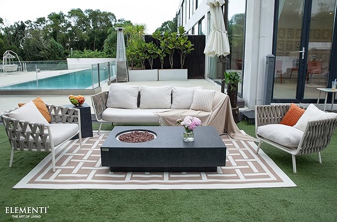 Elementi | Metropolis Gas Fire Pit Cast Concrete 56" Rectangular Fire Table, Outdoor Fire Pit Electronic Ignition | Canvas Cover, Lava Rock Included | Dark Gray (Propane Gas)