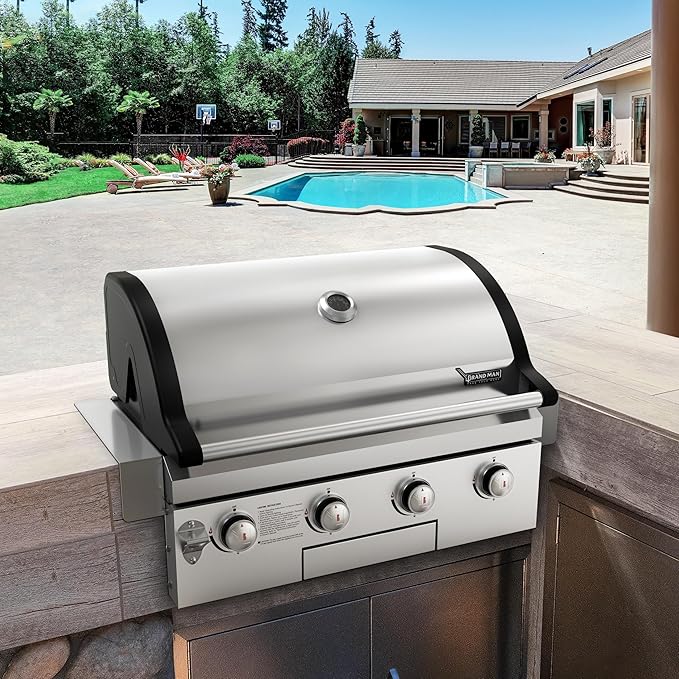 Brand-Man Gas Grill Built-In Head, 30-Inch 4-Burner Propane Grill, Natural Gas Convertible, Heavy Duty 304 Stainless Steel 40,000BTUs BBQ Island Outdoor Kitchen