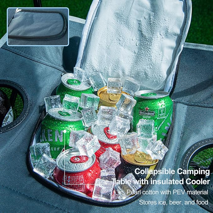 Folding Beach Table, Camping Table for Sand with Insulated Cooler Storage & 4 Cup Holders, Portable Pop Up Picnic Table, Lightweight Side Table for Outdoor