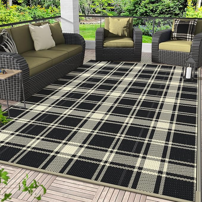 GENIMO Waterproof Outdoor Rug for Patio Clearance, 5'x8' Reversible Plastic Straw Rugs, Lightweight RV Camping Mat for Camper, Balcony, Deck, Backyard, Picnic, Black & Beige