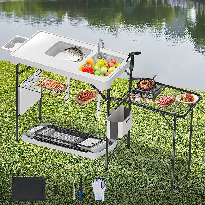Dragosum Fish Cleaning Table, Portable Folding Camping Table with Folding Grill Extension Board, Fish Cleaning Station with Dual Sinks, Hose Hook Up