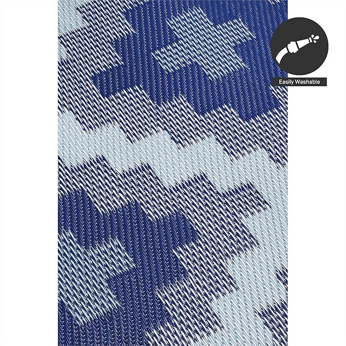 FH Home Outdoor Camping Rug - Waterproof, Fade Resistant, Reversible - Premium Recycled Plastic - Geometric - Large Patio, Deck, Sunroom, RV - Aztec Kilim - Blue Multi - 9 x 12 ft Foldable