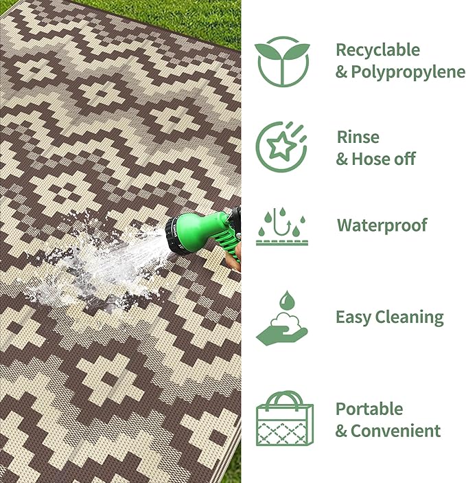 GENIMO Outdoor Rug Waterproof 8x10 ft, Lightweight Plastic Straw Rugs, Outside Reversible Large Mat Carpet for Patio, Camping, RV, Deck, Balcony, Porch, Backyard, Coffee & Beige