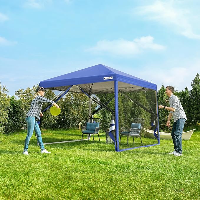 VIVOHOME 10x10ft Easy Pop-Up Canopy, Outdoor Screen Tent with Mosquito Netting, 2 Zipper Doors, and Roller Bag for Yard Camping Picnic Party Events, Blue
