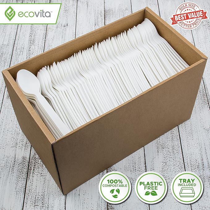 100% Compostable Spoons - 500 Large Disposable Utensils (6.5 in.) Bulk Size Eco Friendly Durable and Heat Resistant Alternative to Plastic Spoons with Convenient Tray