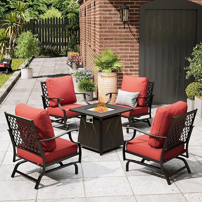 Patio Furniture Set with Fire Pit Table, 5 Pcs Metal Outdoor Conversation Set, 4 Rocking Chairs with 5.75" Extra Thick Cushion and 28" Fire Pit Table for Backyard Deck, Red
