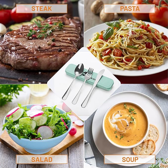 4 Piece Travel Utensils Camping utensils Travel Silverware Set with Case Fork and Spoon Set Office Stainless Steel Reusable Trip Cutlery Set Easy to journey Lightweight Lunch Box for Men