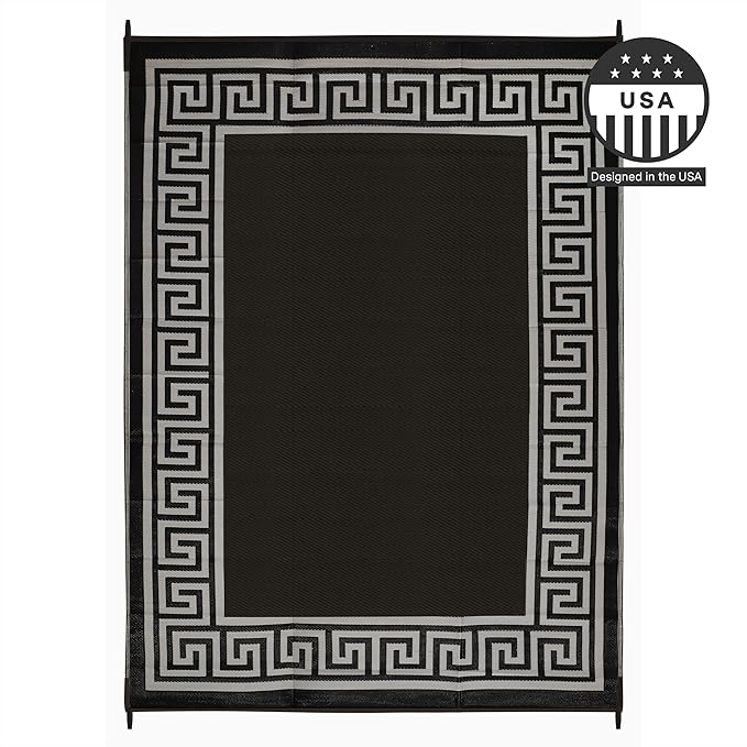 FH Home Outdoor Camping Rug - Waterproof, Fade Resistant, Reversible - Premium Recycled Plastic - Greek Border - Large Patio, Deck, Sunroom, RV - Athens - Black & White - 9 x 12 ft Foldable