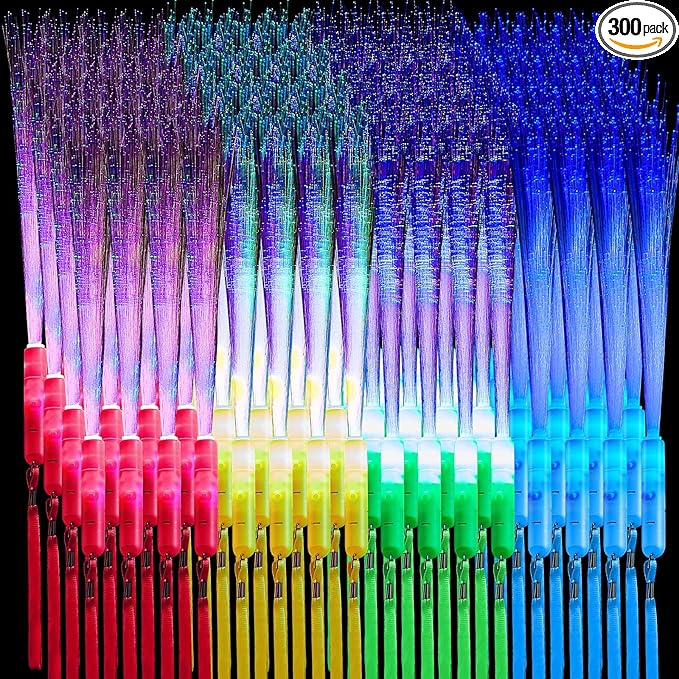 Lewtemi 300 Pcs Fiber Optic Wands Bulk Light up Glow Stick Fiber Optic Sticks Glow in The Dark Party Supplies LED Colorful Flashing Wands for Wedding Party Favors(Bright Color)