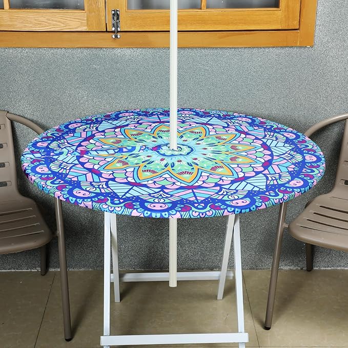 2 Pcs Round Outdoor Tablecloth with Umbrella Hole - Anti-Wrinkle Polyester Tablecloth with Elastic Zipper Table Cover for Summer Patio Camping Party(36''-44'',Mandala)