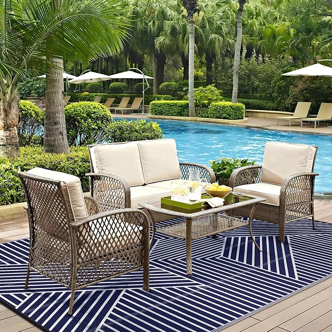 GENIMO Outdoor Rug for Patio Clearance,6'x9' Waterproof Mat,Reversible Plastic Camping Rugs,Rv,Deck,Porch,Camper,Balcony,Backyard (Blue & White)