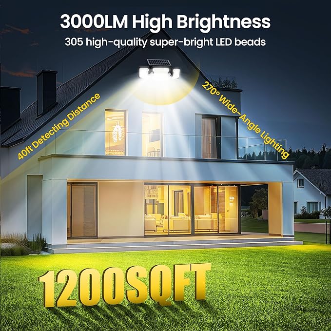 Solar Power Outdoor Light Lamp, Day to Dusk Modes, 305 LED 3000LM 270° Wide Angle Motion Sensor Flood Light, 2200mAH High Capacity, Motion Lights for Outside, Yard, Patio, Pathway