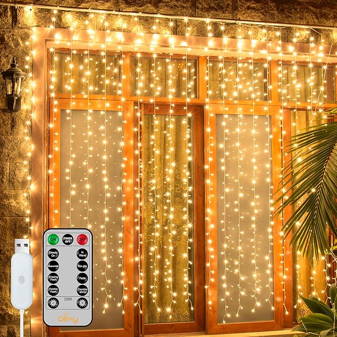 Ollny Curtain Lights 6.6x6.6ft, 200 LED String Lights with Remote 8 Modes Dimmable Timer, USB Power Fairy Light for Bedroom Backdrop Indoor Wall Window Wedding Decor, Warm White